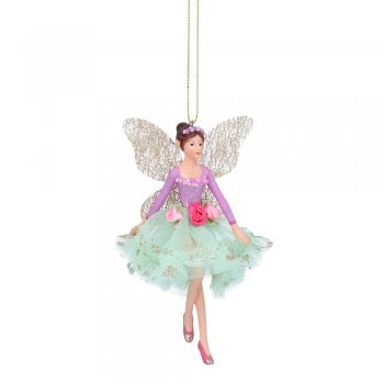 Gisela Graham  Resin & Fabric Fairy Ballerina (Lilac/Green) Christmas Tree Decoration