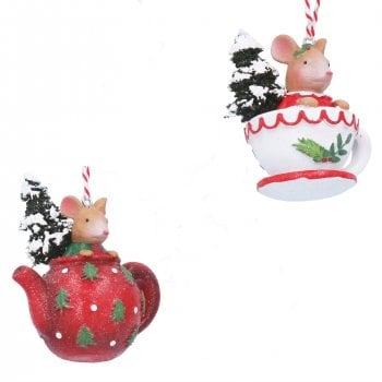 Gisela Graham  Resin Holly and Alfie Mouse in a Red Teapot and White Tea Cup Christmas Tree Decorations