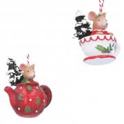 Gisela Graham Resin Holly and Alfie Mouse in a Red Teapot and White Tea Cup Christmas Tree Decorations
