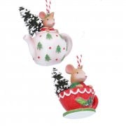 Gisela Graham Resin Holly and Alfie Mouse in a White Teapot and Red Tea Cup Christmas Tree Decorations