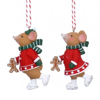 Gisela Graham  Resin Holly and Alfie Mouse Skating Christmas Tree Decorations