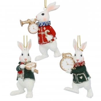 Gisela Graham  Set of 3 White Rabbits with Pocket Watch Instruments Resin Christmas Tree Decoration