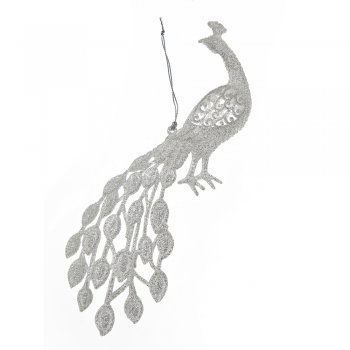 Gisela Graham  Silver Glitter Peacock Christmas Tree Decoration