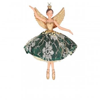 Gisela Graham  Small Green & Gold Velvet & Lace Fairy (arms out)  Christmas Tree Decoration