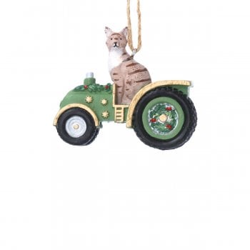 Gisela Graham  Tabby Cat with a Green Tractor Christmas Tree Decoration