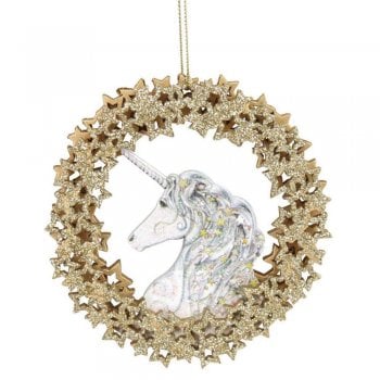 Gisela Graham  Unicorn Head in a Wooden Wreath of Stars Christmas Tree Decoration