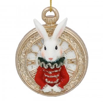 Gisela Graham  White Rabbit on a Pocket Watch Resin Christmas Tree Decoration