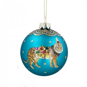 Gisela Graham  Wild Animal Tiger (Turquoise) Glass Bauble Christmas Tree Decoration