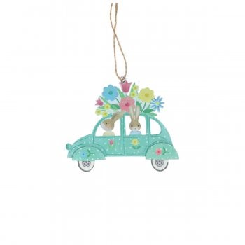 Gisela Graham  Wooden Bunnies in a Green Flowery Car Hanging Spring Decoration