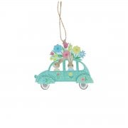 Gisela Graham Wooden Bunnies in a Green Flowery Car Hanging Spring Decoration