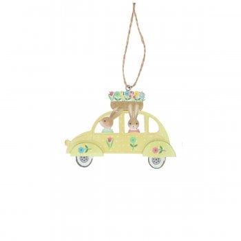 Gisela Graham  Wooden Bunnies in a Yellow Flowery Car Hanging Spring Decoration