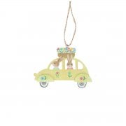 Gisela Graham Wooden Bunnies in a Yellow Flowery Car Hanging Spring Decoration