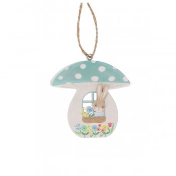 Gisela Graham  Wooden Bunny in a Green Toadstool Hanging Spring Decoration