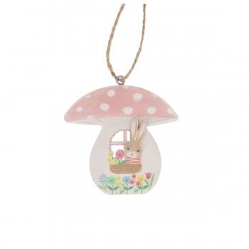 Gisela Graham  Wooden Bunny in a Pink Toadstool Hanging Spring Decoration