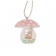 Gisela Graham Wooden Bunny in a Pink Toadstool Hanging Spring Decoration