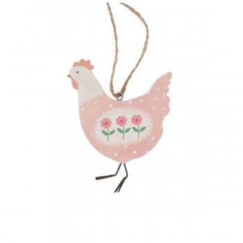 Gisela Graham  Wooden Pink Hen with Flowers Hanging Spring Decoration