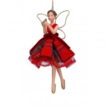 Gisela Graham  Woodland Plaid Large Fairy with Red Tartan Dress Christmas Tree Decoration