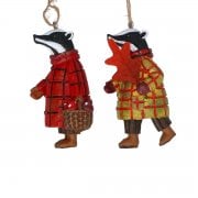 Gisela Graham Woodland Plaid Pair of Badgers Christmas Tree Decorations