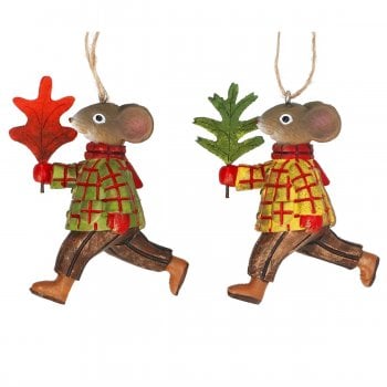 Gisela Graham  Woodland Plaid Pair of Field Mice Christmas Tree Decorations