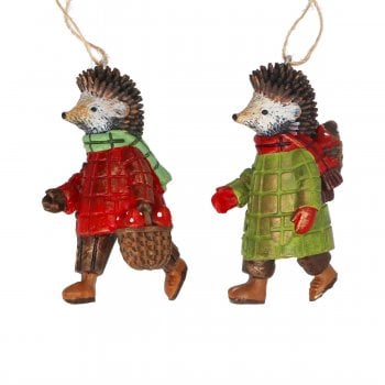 Gisela Graham  Woodland Plaid Pair of Hedgehogs Christmas Tree Decorations