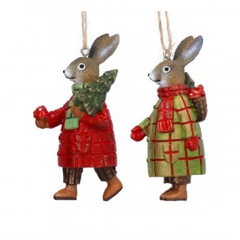 Gisela Graham  Woodland Plaid Pair of Rabbits Christmas Tree Decorations