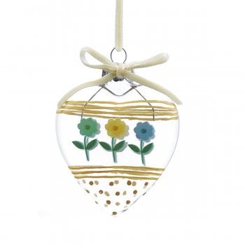 Gisela Graham  Yellow Bows and Flowers Glass Heart with Velvet Ribbon Hanging Spring Decoration