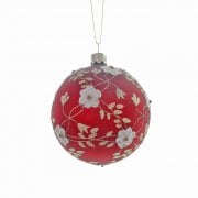 Heaven Sends Matte Red With White Flowers Bauble Christmas Tree Decoration