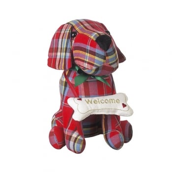 Heaven Sends  Red Check Dog with a Bone Door Stop