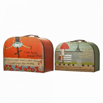 Heaven Sends Set of 2 Funky Vintage Canvas Wooden Storage Suitcase Boxes