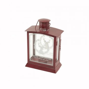 Heaven Sends Small Red Metal & Glass Storm Lantern with Reindeer & Merry Christmas Etched Glass