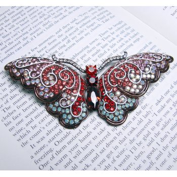 Large 13cm Red & Aqua Swarovski Crystal Butterfly Brooch
