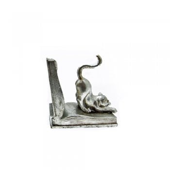 Libra Silvered Curious Cat On An Open Book Bookend