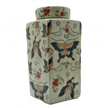 Mandarin Arts Oriental Square Textured Butterfly Lidded Tea Caddy Jar