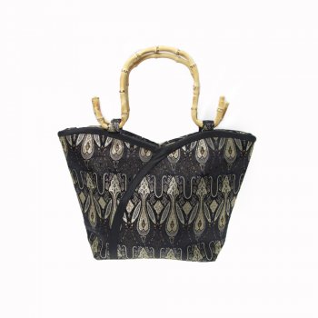 Oriental Black & Gold Silk Brocade Handbag with Bamboo Handles