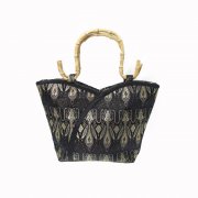 Oriental Black & Gold Silk Brocade Handbag with Bamboo Handles