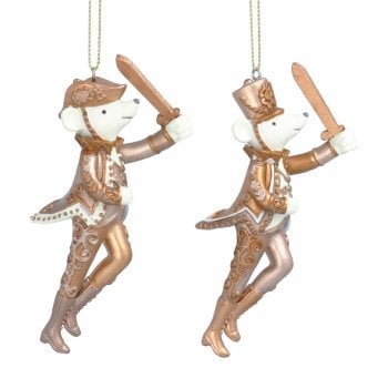 Gisela Graham Pair of  Cream and Gold Resin Nutcracker Soldier Mice Christmas Tree Decoration