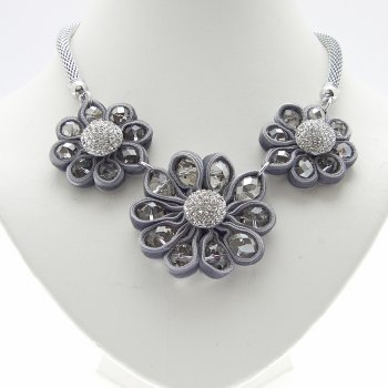 Three Flower Velvet Crystal & Beads Necklace