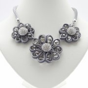 Three Flower Velvet Crystal & Beads Necklace