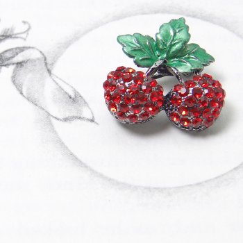 Tiny Swarovski Crystal Red Cherries Brooch Pendant